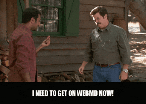 Aziz Ansari in Parks and Recreation (2009), captioned "I need to get on WebMD now!", Panicked and Urgent reaction animated GIF