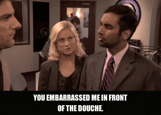 Amy Poehler in Parks and Recreation (2009), captioned "You embarrassed me in front of the Douche.", Annoyed and Exasperated reaction animated GIF