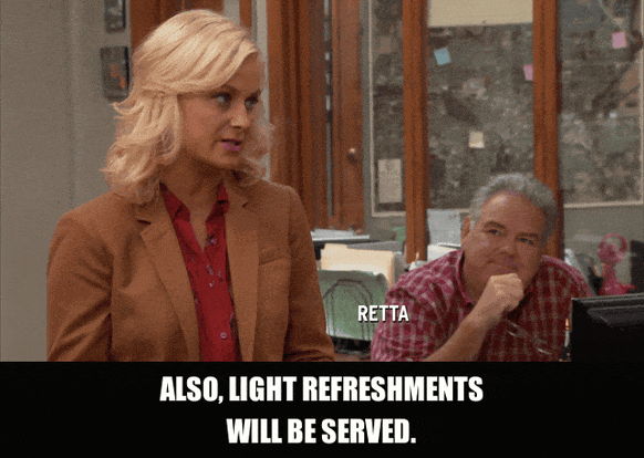 Amy Poehler in Parks and Recreation (2009), captioned "Also, light refreshments will be served.", Deadpan and Dry reaction animated GIF