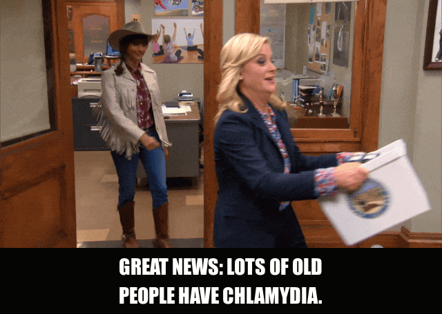 Amy Poehler in Parks and Recreation (2009), captioned "Great news: lots of old people have chlamydia.", Excited and Oblivious reaction animated GIF