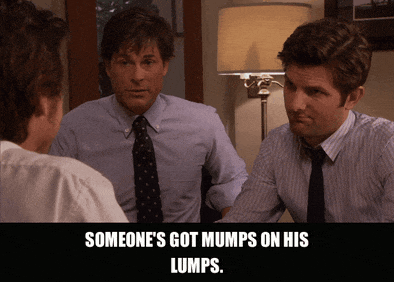 Aziz Ansari in Parks and Recreation (2009), captioned "Someone's got mumps on his lumps.", Amused and Proud reaction animated GIF