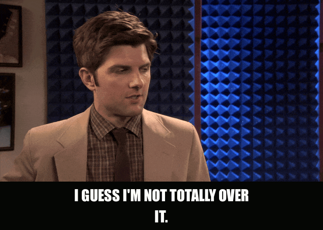 Adam Scott in Parks and Recreation (2009), captioned "I guess I'm not totally over it.", Embarrassed and Vulnerable reaction animated GIF