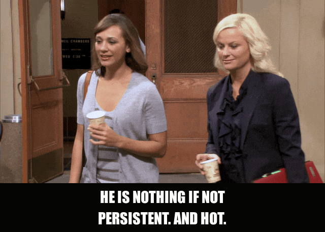 Rashida Jones in Parks and Recreation (2009), captioned "He is nothing if not persistent. And hot.", Amused and Flustered reaction animated GIF