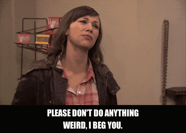 Rashida Jones in Parks and Recreation (2009), captioned "Please don't do anything weird, I beg you.", Anxious and Pleading reaction animated GIF