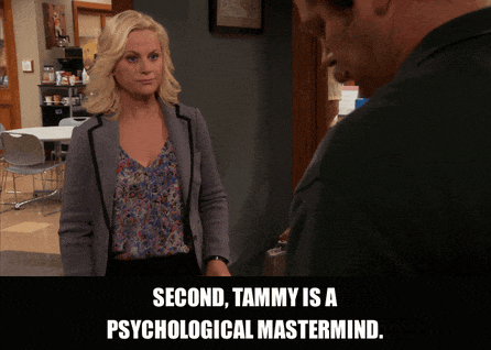 Nick Offerman in Parks and Recreation (2009), captioned "Second, Tammy is a psychological mastermind.", Deadpan and Resigned reaction animated GIF