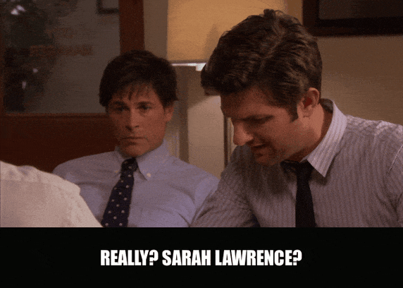 Adam Scott in Parks and Recreation (2009), captioned "Really? Sarah Lawrence?", Surprised and Judging reaction animated GIF