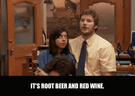 Amy Poehler in Parks and Recreation (2009), captioned "It's root beer and red wine.", Deadpan and Bemused reaction animated GIF