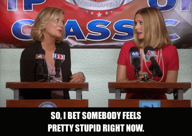 Amy Poehler in Parks and Recreation (2009), captioned "So, I bet somebody feels pretty stupid right now.", Smug and Satisfied reaction animated GIF