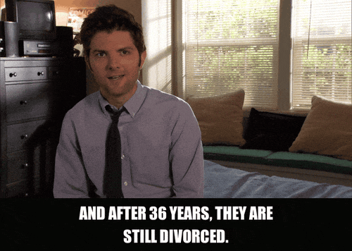 Adam Scott in Parks and Recreation (2009), captioned "And after 36 years, they are still divorced.", Deadpan and Resigned reaction animated GIF