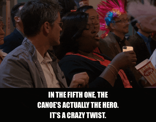 Retta in Parks and Recreation (2009), captioned "In the fifth one, the canoe's actually the hero. It's a crazy twist.", Excited and Engaged reaction animated GIF