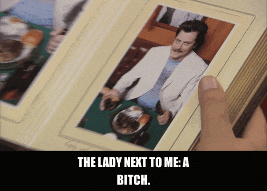 Nick Offerman in Parks and Recreation (2009), captioned "The lady next to me: a bitch.", Deadpan and Disdain reaction animated GIF