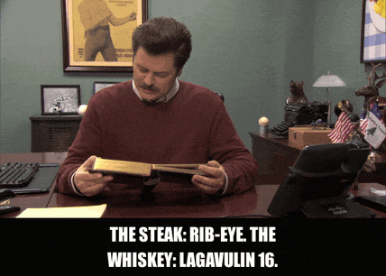 Nick Offerman in Parks and Recreation (2009), captioned "The steak: rib-eye. The whiskey: Lagavulin 16.", Satisfaction and Reverence reaction animated GIF