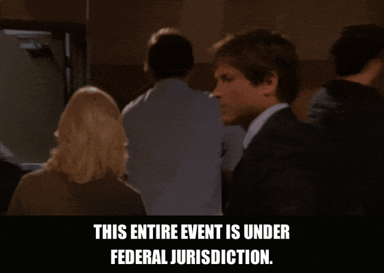 Chris Pratt in Parks and Recreation (2009), captioned "This entire event is under federal jurisdiction.", Serious and Absurd reaction animated GIF