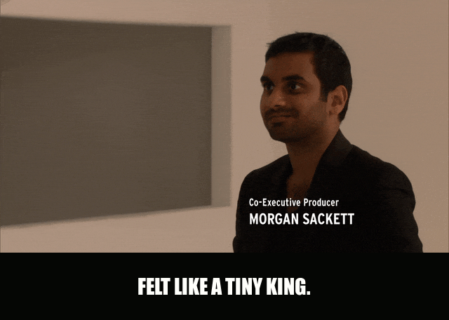 Aziz Ansari in Parks and Recreation (2009), captioned "Felt like a tiny king.", Nostalgic and Proud reaction animated GIF