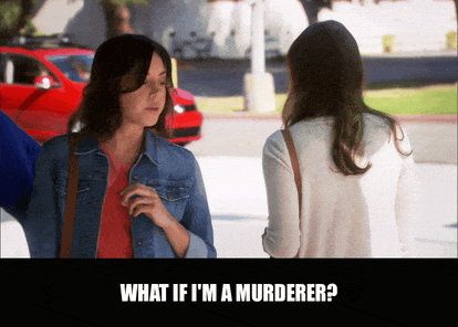 Aubrey Plaza in Parks and Recreation (2009), captioned "What if I'm a murderer?", Anxious and Deadpan reaction animated GIF