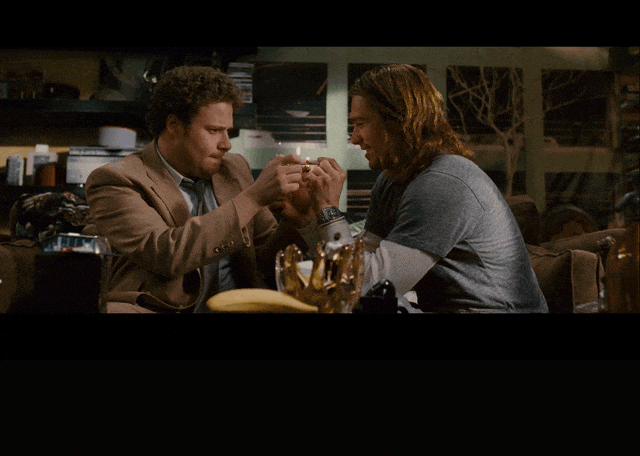 James Franco and Seth Rogen in Pineapple Express (2008), captioned "Blast off.", Excited and Gleeful reaction animated GIF
