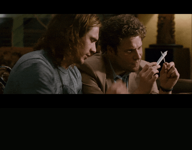 James Franco and Seth Rogen in Pineapple Express (2008), captioned "It's rumored that M. M. O'Shaughnessy designed the first one. The guy who designed the Golden Gate Bridge.", Stoned and Earnest reaction animated GIF