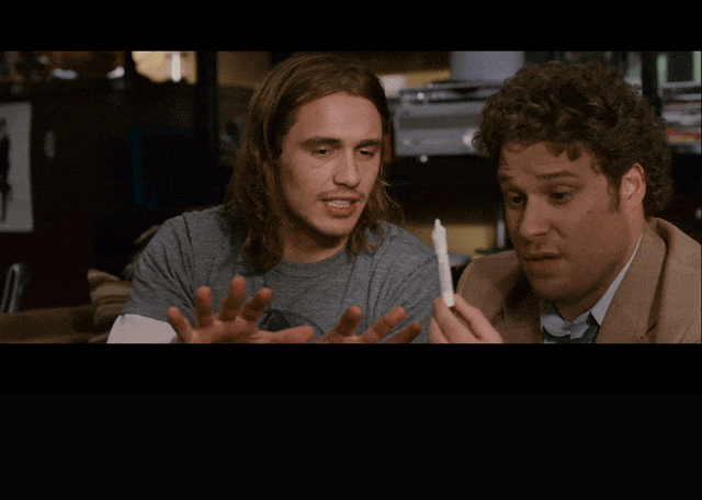 James Franco and Seth Rogen in Pineapple Express (2008), captioned "This is what your grandchildren are gonna be smoking.", Proud and Awed reaction animated GIF