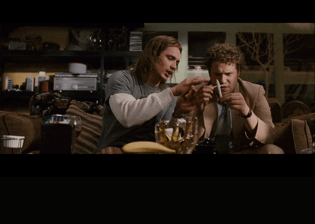James Franco and Seth Rogen in Pineapple Express (2008), captioned "Creating a trifecta of joint-smoking power.", Excited and Earnest reaction animated GIF