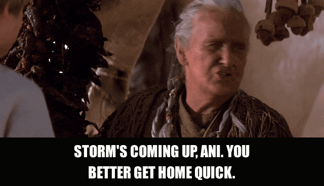 Margaret Towner in Star Wars: The Phantom Menace (1999), captioned "Storm's coming up, Ani. You better get home quick.", Concerned and Warm reaction animated GIF