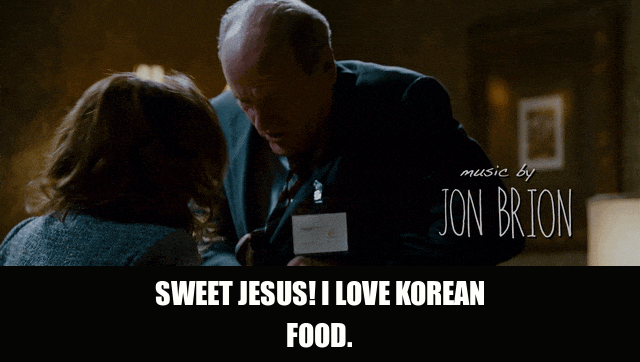 Richard Jenkins in Step Brothers (2008), captioned "Sweet Jesus! I love Korean food.", Delighted and Enthusiastic reaction animated GIF
