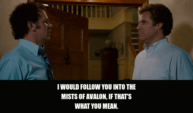 John C. Reilly in Step Brothers (2008), captioned "I would follow you into the mists of Avalon, if that's what you mean.", Earnest and Fantastical reaction animated GIF