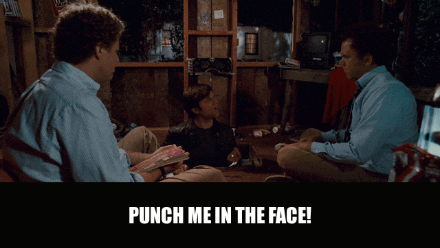 Adam Scott in Step Brothers (2008), captioned "Punch me in the face!", Smug and Goading reaction animated GIF