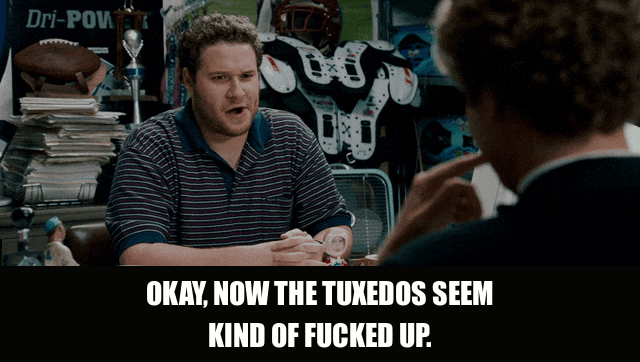 John C. Reilly in Step Brothers (2008), captioned "Okay, now the tuxedos seem kind of fucked up.", Deadpan and Resigned reaction animated GIF