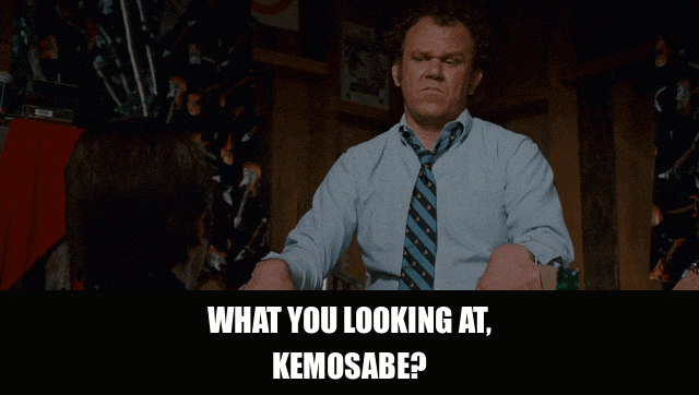 Adam Scott in Step Brothers (2008), captioned "What you looking at, kemosabe?", Smug and Mocking reaction animated GIF