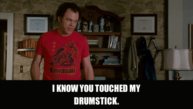 John C. Reilly in Step Brothers (2008), captioned "I know you touched my drumstick.", Accusatory and Suspicious reaction animated GIF