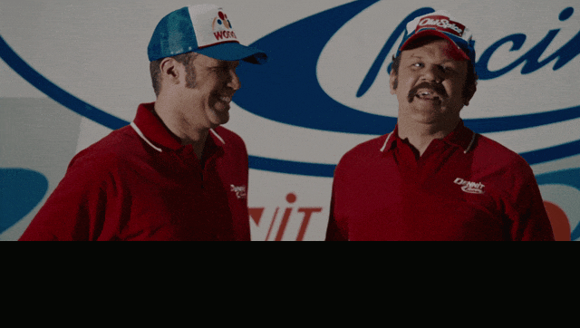 John C Reilly and Will Ferrell in Talladega Nights: The Ballad of Ricky Bobby (2006), captioned "...it's a little bit of shake... ...and then bake. Shake and Bake!", Proud and Goofy reaction animated GIF