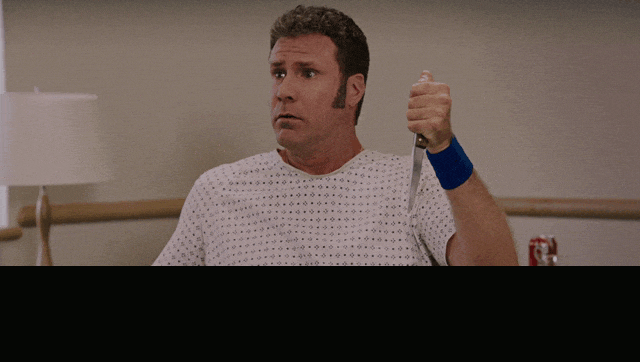 Will Ferrell and John C Reilly in Talladega Nights: The Ballad of Ricky Bobby (2006), captioned "Don't you stick that knife in your leg.", Alarmed and Frantic reaction animated GIF