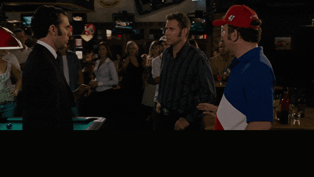Sacha Baron Cohen in Talladega Nights: The Ballad of Ricky Bobby (2006), captioned "I think what you are hearing is my accent. I am French.", Deadpan and Smug reaction animated GIF