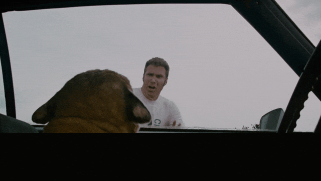Will Ferrell in Talladega Nights: The Ballad of Ricky Bobby (2006), captioned "What the hell? There's a goddamn cougar in the car!", Panicked and Alarmed reaction animated GIF