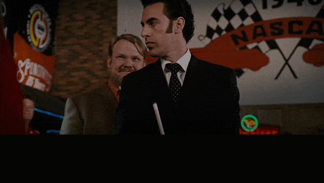 Sacha Baron Cohen in Talladega Nights: The Ballad of Ricky Bobby (2006), captioned "Everybody, this is my husband, Gregory.", Proud and Smug reaction animated GIF