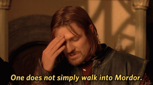 Sean Bean in The Lord of the Rings: The Fellowship of the Ring (2001), captioned "One does not simply walk into Mordor.", Skeptical and Weary reaction animated GIF