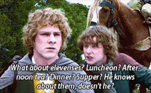Billy Boyd and Dominic Monaghan in The Lord of the Rings: The Fellowship of the Ring (2001), captioned "What about elevenses? Luncheon? Afternoon tea? Dinner? Supper? He knows about them, doesn't he?", Worried and Hungry reaction animated GIF