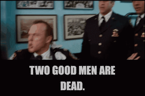 Michael Keaton in The Other Guys (2010), captioned "Two good men are dead.", Grim and Serious reaction animated GIF