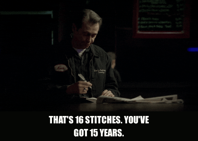 James Gandolfini in The Sopranos (1999), captioned "That's 16 stitches. You've got 15 years.", Sardonic and Guilt reaction animated GIF
