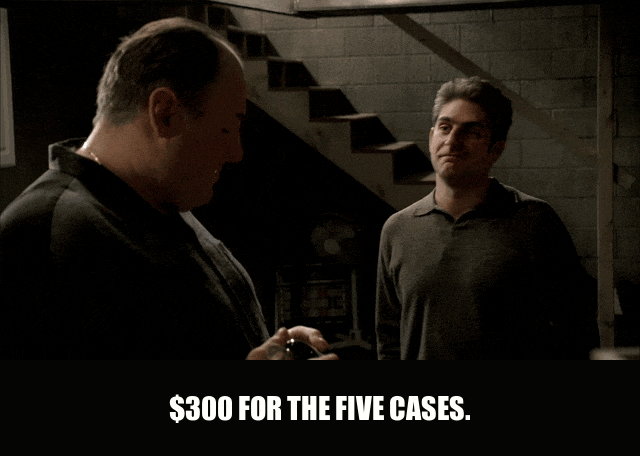 James Gandolfini in The Sopranos (1999), captioned "$300 for the five cases.", Matter-Of-Fact and Authoritative reaction animated GIF
