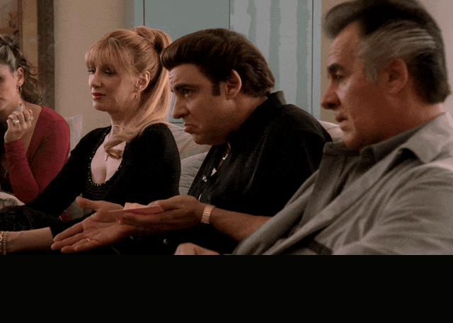 A Care-Frontation from The Sopranos (1999), captioned "An intervention is a nonjudgmental confrontation. A care-frontation, we call it.", Earnest and Calm reaction animated GIF