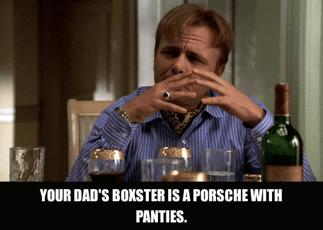 Joe Pantoliano in The Sopranos (1999), captioned "Your dad's Boxster is a Porsche with panties.", Smug and Mocking reaction animated GIF