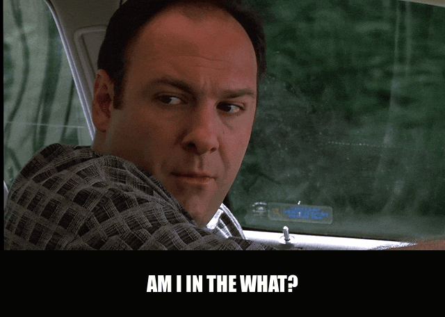James Gandolfini in The Sopranos (1999), captioned "Am I in the what?", Amused and Evasive reaction animated GIF