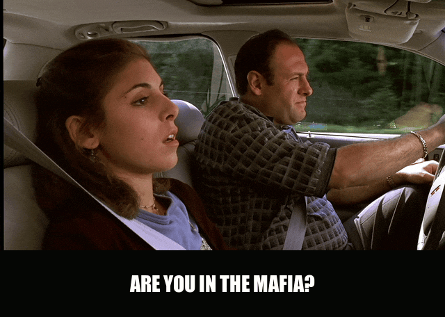 Jamie-Lynn Sigler in The Sopranos (1999), captioned "Are you in the Mafia?", Curious and Earnest reaction animated GIF