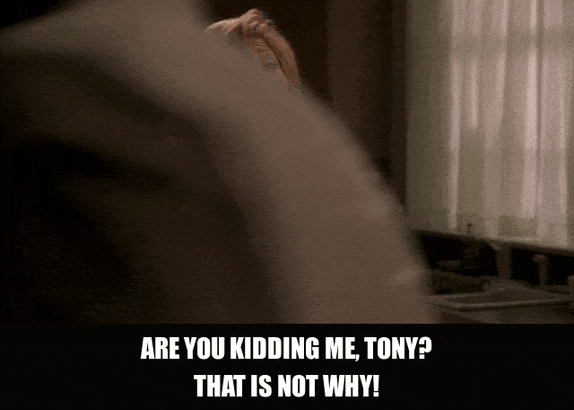 Edie Falco in The Sopranos (1999), captioned "Are you kidding me, Tony? That is not why!", Outraged and Defensive reaction animated GIF