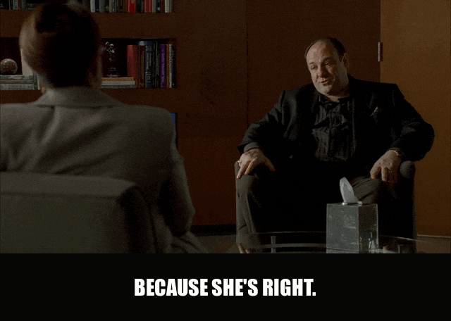 James Gandolfini in The Sopranos (1999), captioned "Because she's right.", Smug and Satisfied reaction animated GIF