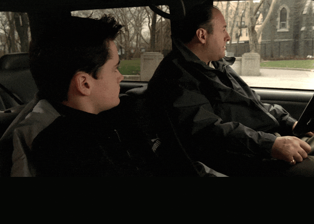 James Gandolfini and Robert Iler in The Sopranos (1999), captioned "Buy land, A.J., because God ain't making any more of it.", Wistful and Paternal reaction animated GIF