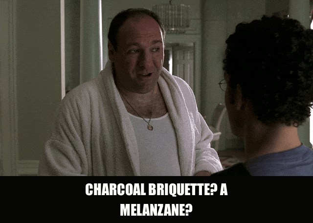 James Gandolfini in The Sopranos (1999), captioned "Charcoal briquette? A melanzane?", Menacing and Contemptuous reaction animated GIF