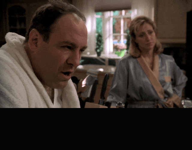 James Gandolfini and Edie Falco in The Sopranos (1999), captioned "And in this house Christopher Columbus is a hero. End of story.", Stern and Final reaction animated GIF
