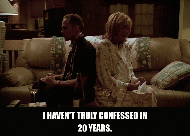 Edie Falco in The Sopranos (1999), captioned "I haven't truly confessed in 20 years.", Ashamed and Vulnerable reaction animated GIF